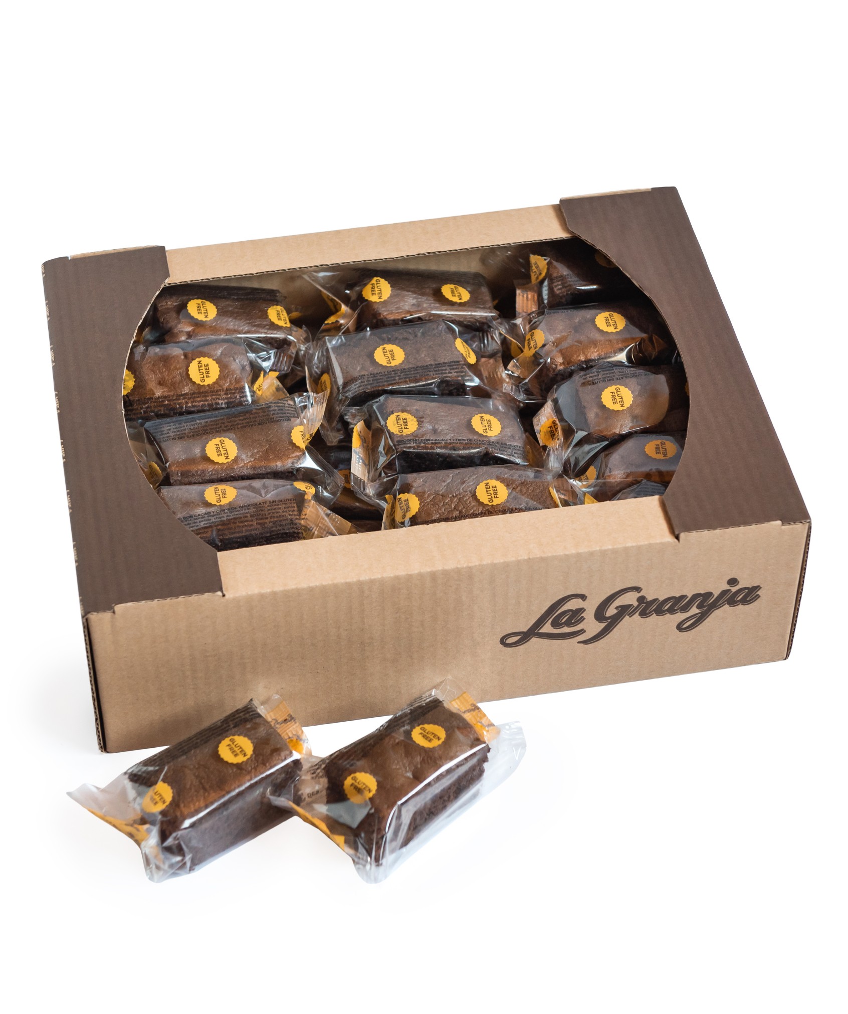 Caja de bizcocho de cacao con chips de chocolate sin gluten y sin lactosa