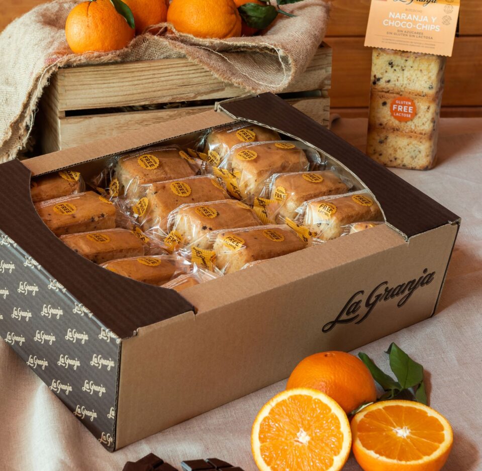 Boîte de gâteau à l’orange et pépites de chocolat sans sucres, sans gluten et sans lactose, 30 pcs Boîte de gâteau à l’orange et pépites de chocolat sans sucres, sans gluten et sans lactose, 30 pcs