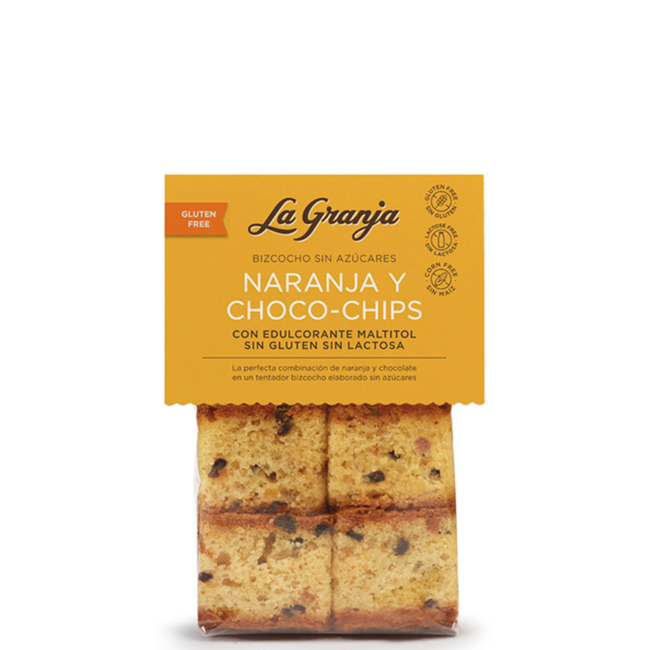 Bizcocho Naranja y Chips sin azúcares, sin gluten y sin lactosa 350 gr.